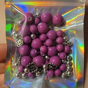 Various Sizes Of Purple & Silver Tone Plastic Or Acrylic Beads, Caps & Spacers